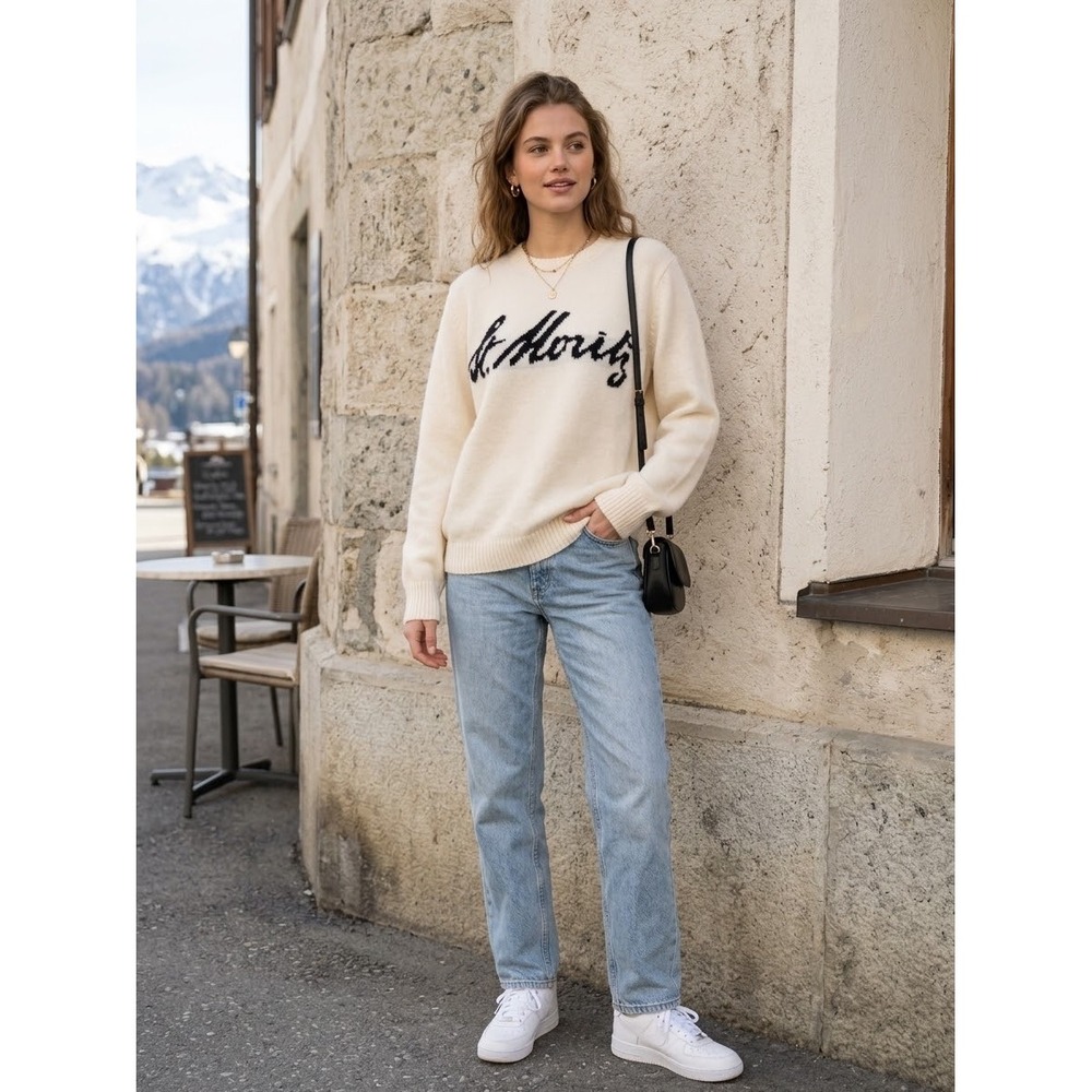 Brandy Melville St. Moritz Wool Blend Sweater Cream White Intarsia Knit MN893L